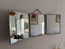 Miroir vintage 1960 triptyque barbier argenté Arpin - 28 x 7