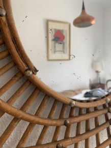 Miroir vintage 1960 soleil rotin style ORTF spirale oeil - 9