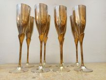 Service huit flûtes à champagne métal et laiton 1970 