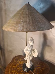  lampe geisha porcelaine blanche 1950  abat jour paille de r