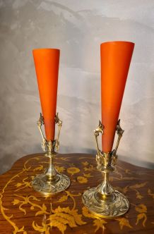 paire vase bronze et pate de verre art nouveau bouquetiere ,