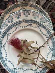 3 assiettes plates terre de fer à la bordure fleurie verte.