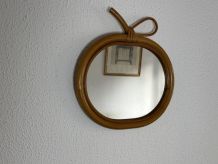 Miroir vintage 1960 pomme rotin osier bambou - 32 x 33 cm