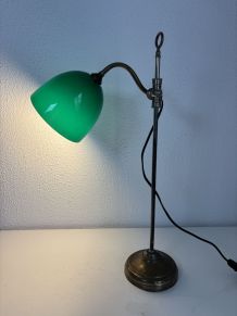 Lampe vintage 1900 de bureau laiton nickelé céladon - 52 cm