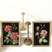 Paire 2 cadres canevas fleurs roses