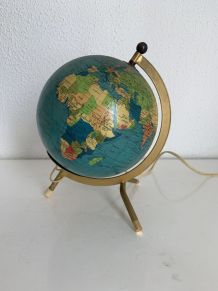 Globe vintage 1967 terrestre Taride tripode doré verre mappe