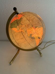 Globe vintage 1967 terrestre Taride tripode doré verre mappe