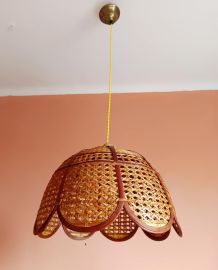 Grande suspension cannage et rotin bohème vintage 1970 