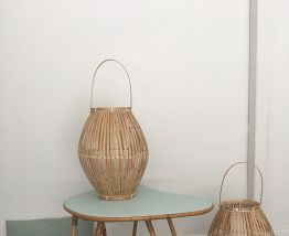 Table basse vintage en rotin, dessus "mint".