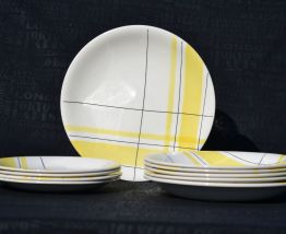 Assiettes vintage graphique jaune et blanche années 70