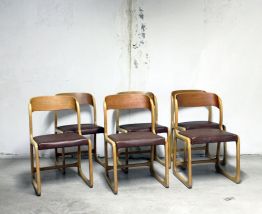 Suite de 6 chaises traineau Baumann vintage cuir marron 60's