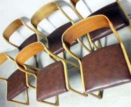 Suite de 6 chaises traineau Baumann vintage cuir marron 60's