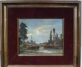 Huile sur bois 42 x 38 cm, bateaux amarrés bord de rivière