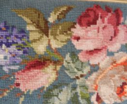 tapisserie canevas vintage encadrée fleurs roses et bleues