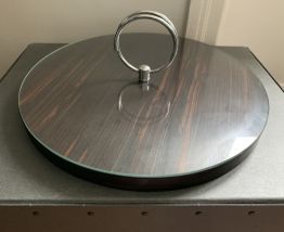 Plateau à fromage vintage en bois, verre et inox années 60