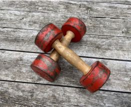 Paire d’haltères vintage 1970 2x 2 kg fonte &amp; bois