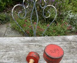 Paire d’haltères vintage 1970 2x 2 kg fonte &amp; bois