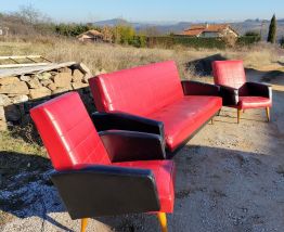 Ensemble canape + 2 fauteuils vintage skai rouge et noir
