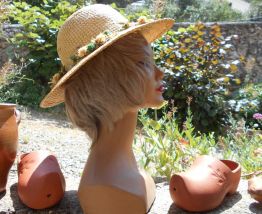 CHAPEAU CAPELINE DE PAILLE VERITABLE T 57-58 FLEURS SECHEES