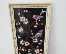 Ancien canevas tapisserie décor oiseaux 