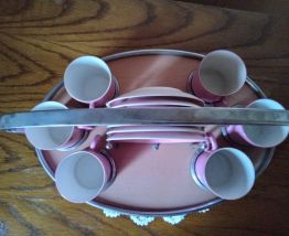 Service à café rose avec plateau - Porcelaine de Bohème