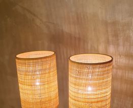 paire de lampe bois scandinave abat jour paille 41x15