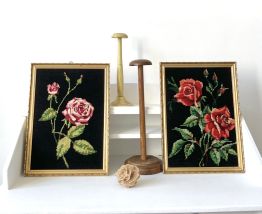 Paire 2 cadres canevas fleurs roses
