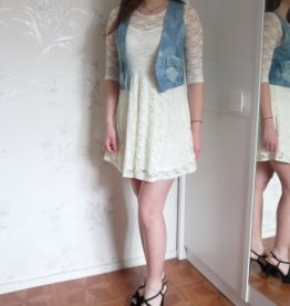 Gilet crochet bleu denim dos poches TU