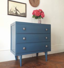 Commode vintage en bois bleu foncé  metal