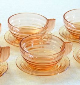 6 tasses à café avec soucoupes Art déco anciennes en verre 