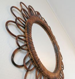 Miroir soleil rond rotin vintage 60s 70s