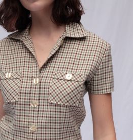 Chemisette cintrée vintage lin à fins carreaux taille 36