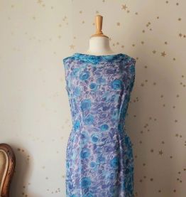 Vintage années 50 robe mousseline fleurie rose bleu blanc L