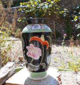 VASE ART NOUVEAU ART DECO NOIR FLEURS TBE