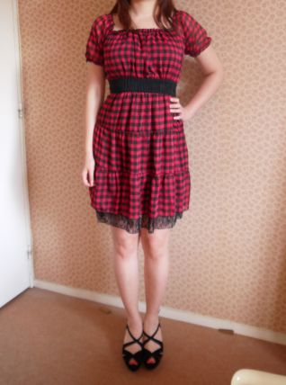 Robe babydoll carreaux fushia noire dentelle T36