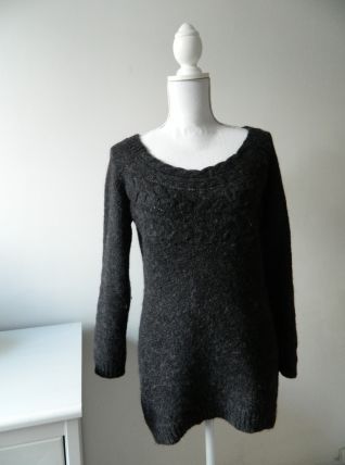 Pull long maille gris anthracite alpaga