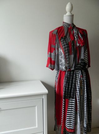 Robe col lavallière patchwork voile vintage 60's 70's