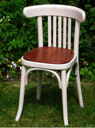 Chaise Bistrot vintage bois patiné, assise bois naturel vernis 