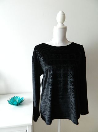 Tee-shirt loose manches longues en velours noir baroque vintage