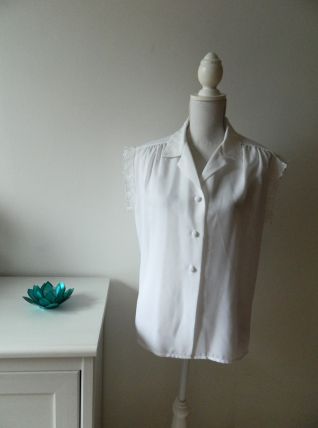 Chemisier blanc fluide sans manche broderies vintage