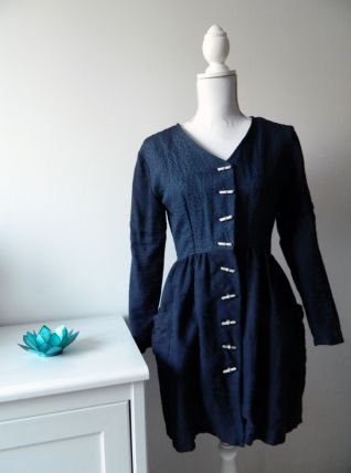 Robe patineuse boutonnée bleue marine brocard vintage 90's