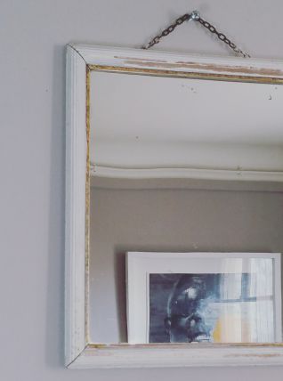 Ancien miroir de barbier vintage en bois patiné blanc et doré