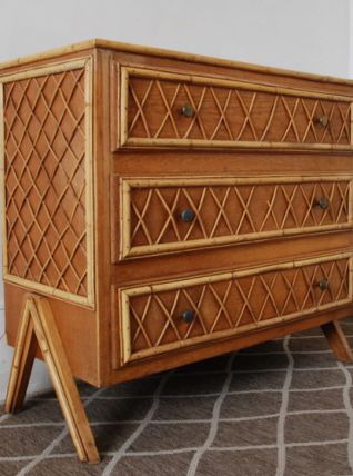 Commode rotin vintage pied compas