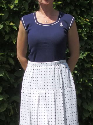  Impeccable jupe vintage Marcelle Griffon taille haute plis permanents T38-40 blanche à pois marine