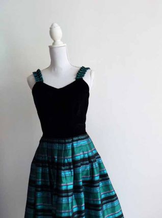 Robe bustier velours noir et jupon taffetas vintage 80s