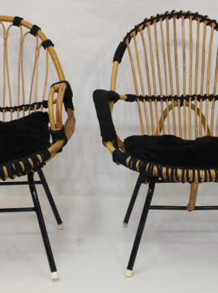 Paire fauteuils vintage année 60 rotin  finition corde.