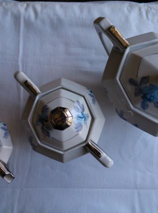 Service à café MC&amp;Cie, porcelaine de Limoges, motif floral géométrique, années 1920