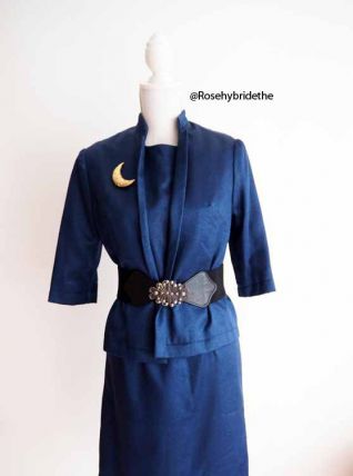 Ensemble tailleur robe et veste bleu métallisé Jacky Kennedy vintage 60's