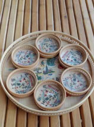Plateau et sous verres en osier décor " île de la réunion " - Vintage
