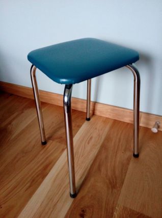tabouret en métal et skaï années 60-70 revisité en bleu canard
